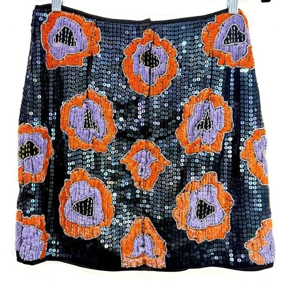 H&M Navy Blue Orange Purple Sequin Embellished Floral Mini Party Holiday Skirt - Picture 8 of 16